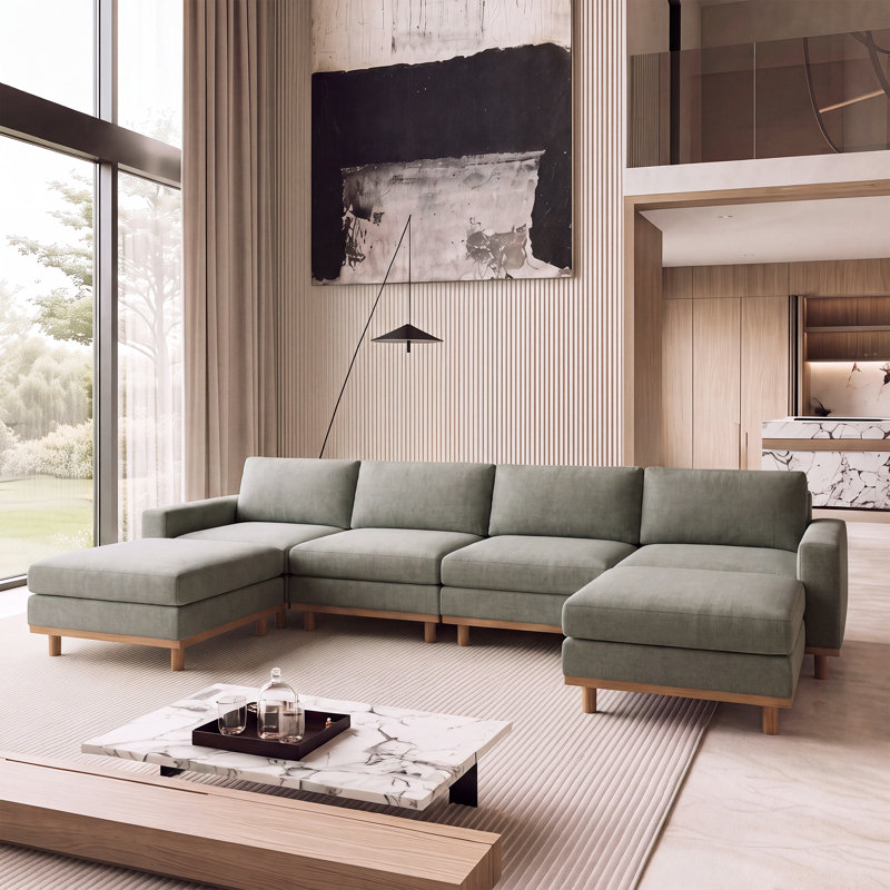 Canapé modulaire rembourré en U avec 2 repose-pieds Milsap, Green Chenille, 33.07" H x 120.08" W x 61.81" D