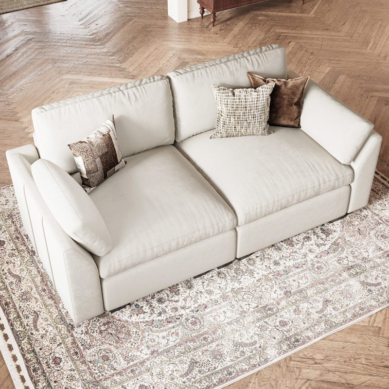 Velvet & Wide Short Plush 2-Seat Sofa With Removable Cushions And Detachable Cover, Beige Velvet