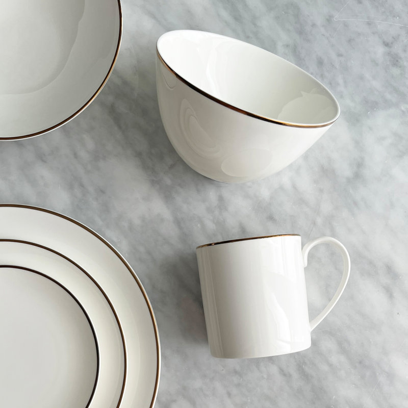 White Ceramic Round Mug Set with Gold Embellishment, 2 Piece