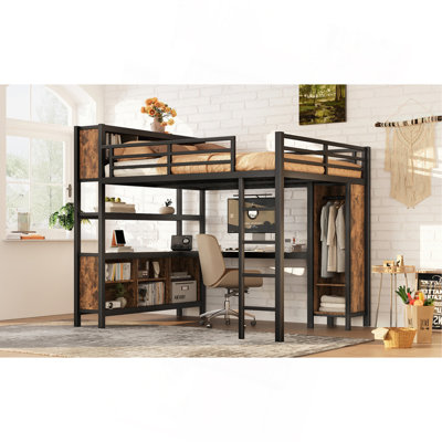 Lit mezzanine en métal avec garde-robe et bureau en forme de L, lit mezzanine grand avec cubes de rangement et tablettes, lit mezzanine robuste (pour enfants et tout-petits)