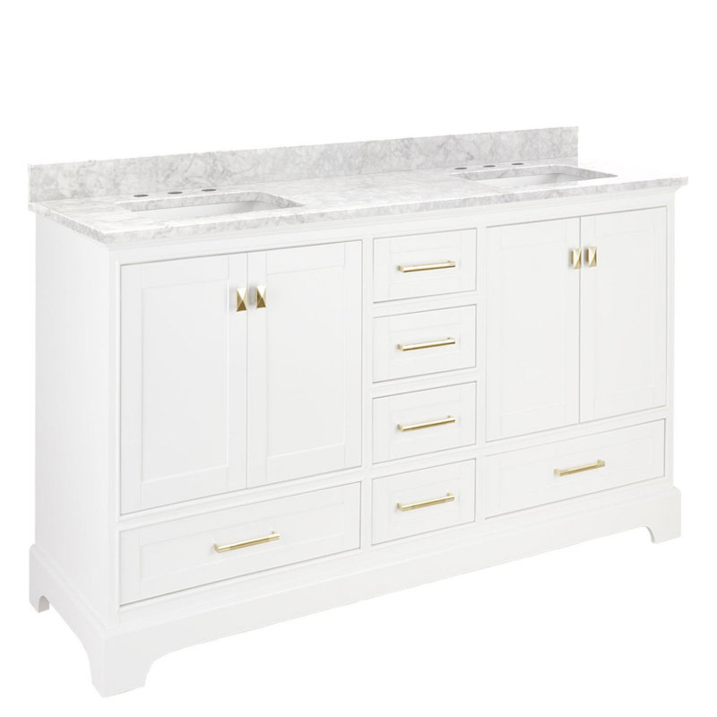 Quen 72" Freestanding Double Basin Vanity Set with Cabinet, Vanity Tops, Soft White, Carrara Marble, 8" Widespread