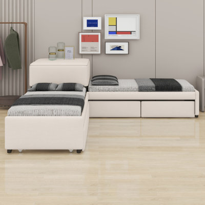 Lit tapissier contemporain en L avec bureau lié, lit gigogne escamotable et tiroirs de rangement