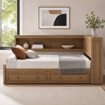 Lit de jour en bois pleine grandeur avec rangement, USB, DEL et 2 tiroirs, parfait pour une vie moderne et efficace