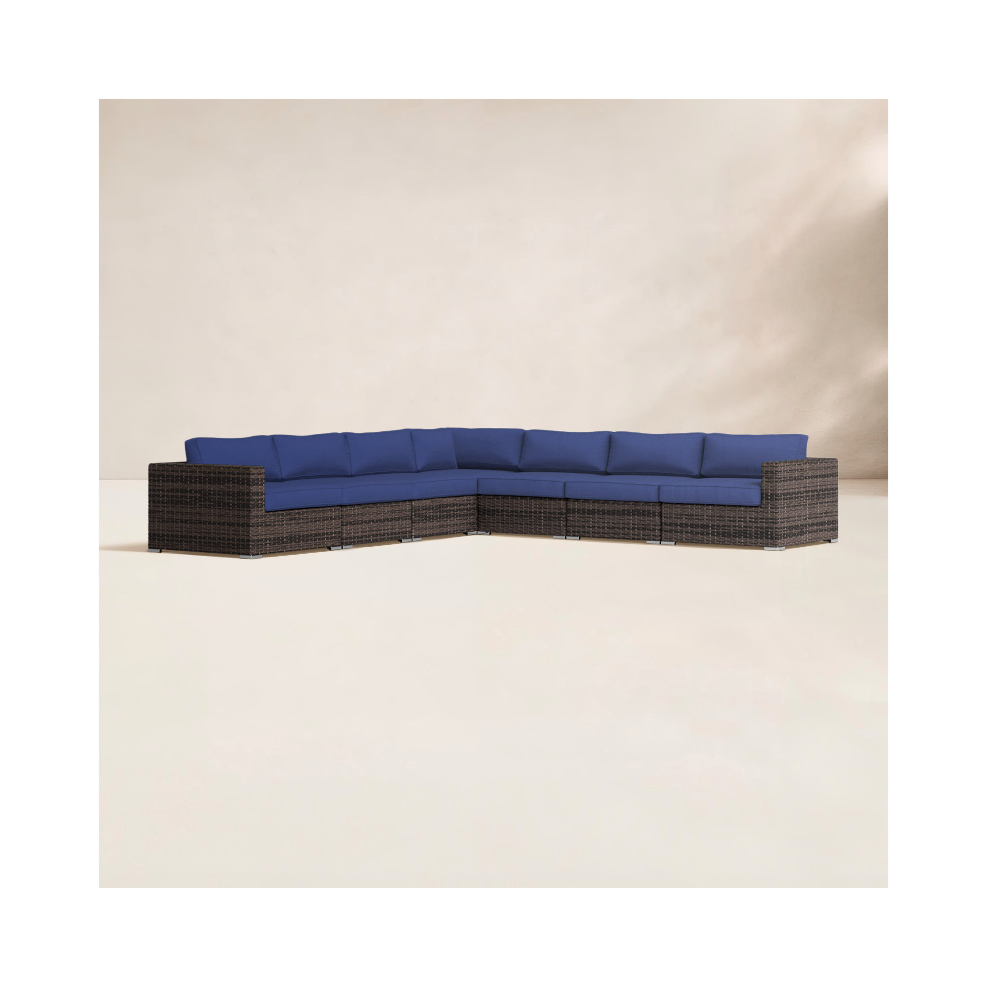 Foxtrot Fully Assembled 122'' Wide Outdoor Wicker Patio Sectional with Cushions, Sunbrella Navy Blue Cushion/Brown Frame