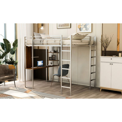 Lit mezzanine double en métal argenté avec 2 tablettes et bureau - Lit bien conçu, argent et tablettes pratiques