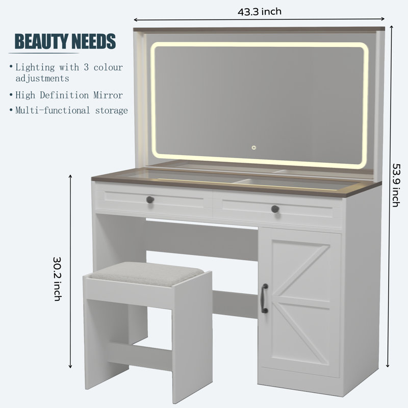 Bureau de coiffeuse avec miroir, bande lumineuse à DEL, 3 tiroirs et tabouret