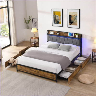 Classic Gray King Size Storage Platform Bed with Built-In Charging Station, LED Lights and 4 Drawers, MDF and Metal Construction