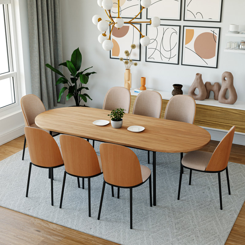 Ensemble de salle à manger Kelce avec 8 chaises d'appoint rembourrées et table de salle à manger ovale 83 po, Bois naturel