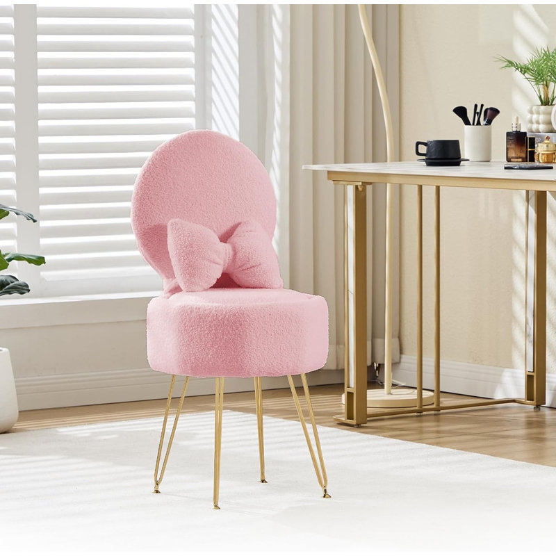 Tabouret de coiffeuse avec coussin et dossier pliable - Molleton Sherpa, repose-pieds avec rangement, pieds en métal pour la chambre à coucher