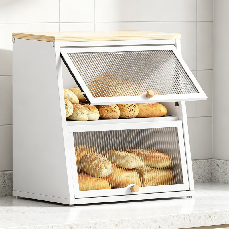 Boîte à pain pour comptoir de cuisine, contenant de rangement à pain en métal à 2 niveaux avec porte ondulée en acrylique, plateau en bambou, joint magnétique, base antidérapante