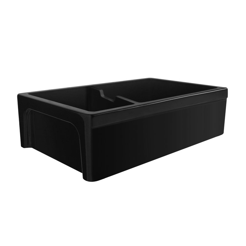 Whitehaus 42" Large Reversible Double Bowl Fireclay Kitchen Sink: Beveled, 2-1/2" Lip Front Apron, Black
