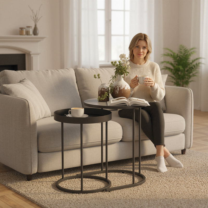  Nesting Side Table Set of 2, Industrial Round Nest of Tables, Grey, Grey Wood