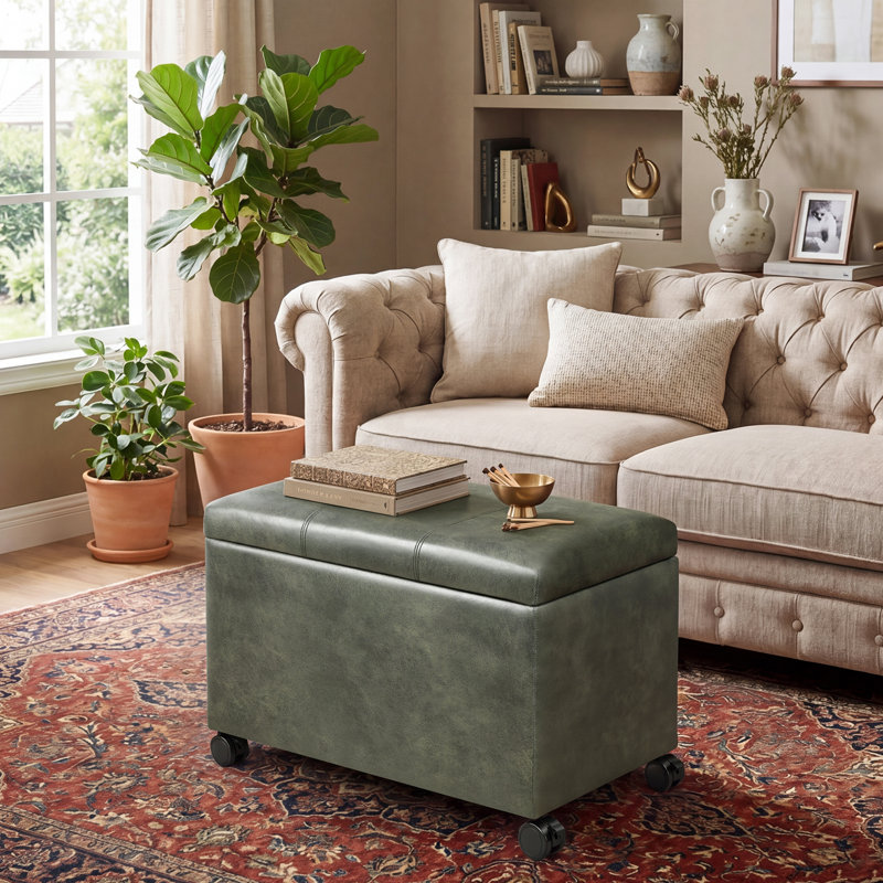 Repose-pieds de rangement en similicuir avec roulettes de style rétro, Vert