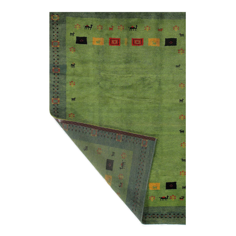 Tapis oriental vert / rouge / jaune en laine / coton 7 pi 11 po x 5 pi 7 po Oriental