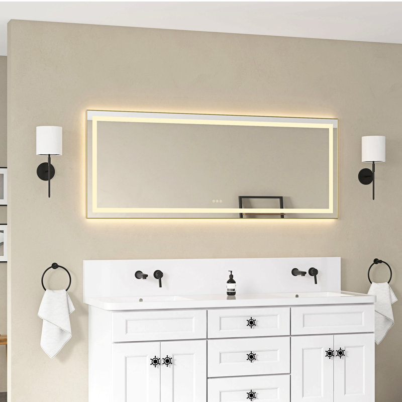 Miroir de salle de bain 72 "x 28" à DEL avec façade et rétroéclairage, miroir de meuble-lavabo mural avec cadre en aluminium, anti-buée, mémoire, 3 couleurs, réglable en continu