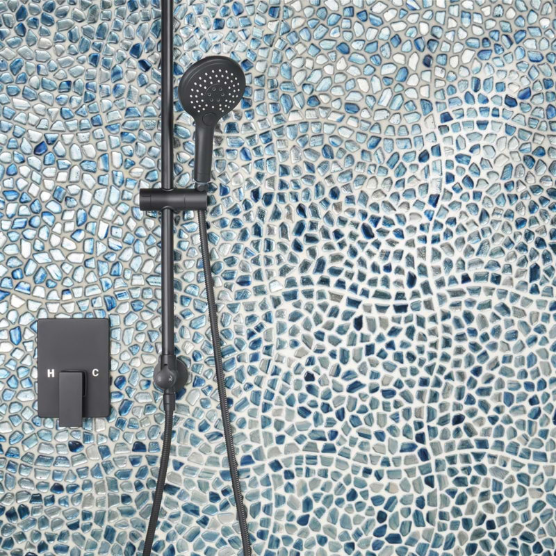Komorebi Pebble Mineral Ice Gray Polished Glass Mosaic Tile, Jet Stream Blue