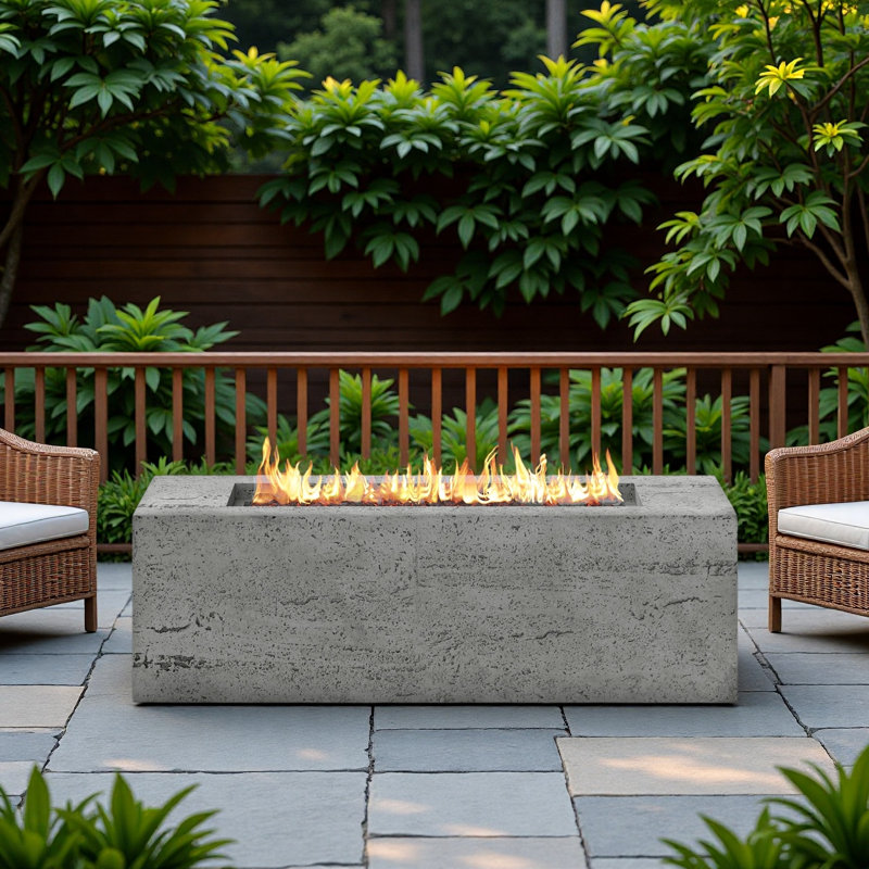 Mgo Propane Outdoor Rectangular Fire Pit With Side Cutout Handles, Steel Burner, Adjustable Flame Control, Lava Rocks And Rain Cover