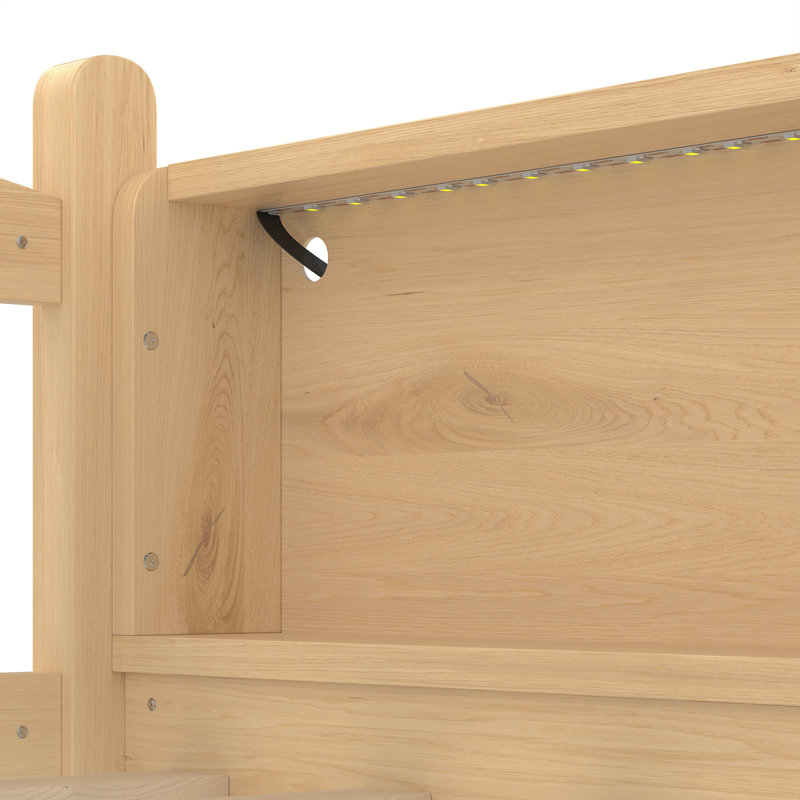 Twin XL Loft Bed With Storage Shelves, Solid Wood Lower Loft Bed With LED Lights And Full-Length Guardrails, No Box Spring Needed,  Natural