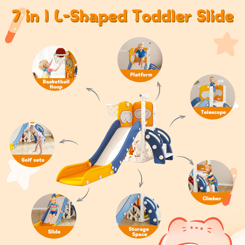 Glissade 7 en 1 pour tout-petits, structure de jeu intérieure/extérieure, 1 à 3 ans, avec structure d'escalade et panier de basket.