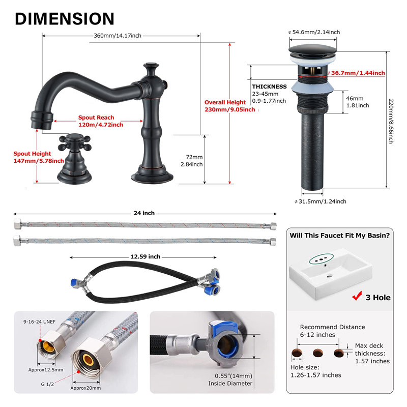 8 inch 2 Handles 3 Holes Widespread Bathroom Sink Faucet Bathroom Vanity Faucet Basin Mixer Tap Faucet Matching Pop Up Drain with Overflow