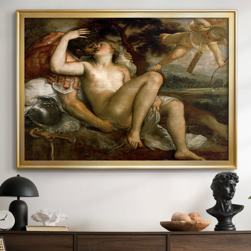 Mars, Vénus et Cupidon-Titien-Toile tendue avec châssis-c. 1530, 26,5 x 36,5, Toile avec cadre, Doré