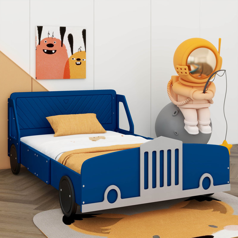 Lit plateforme avec roulettes Car-Style, Bleu, Lit simple