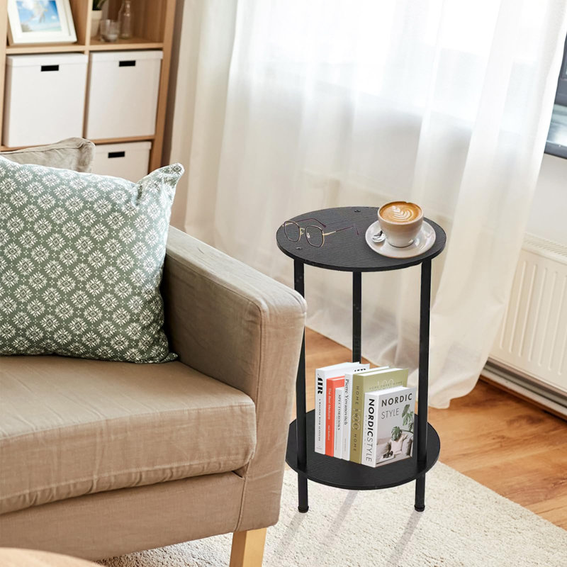 Set Of 2 2-Tier Modern Small Round Side Table With Storage Shelf For Small Space, Black