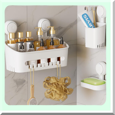 AquaGrip No-Drill Shower Caddy Set - Removable Suction Cup Shelf & Basket, Powerful Waterproof Bathroom Organizer
