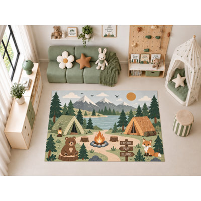 "Ultra Thin" 5' x 7' Woodland Camping Adventure Design, Mountain Forest Camp Kids Floor Rug, Fun Playroom and Bedroom Decor, Soft Area Rug Carpet for Kids