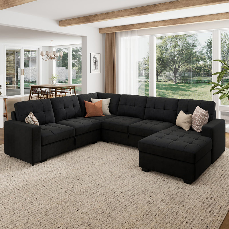 Epping Chasidi U-Shaped Sleeper Sectional Tufted Sofa Bed with Storage Chaise, Black Velvet
