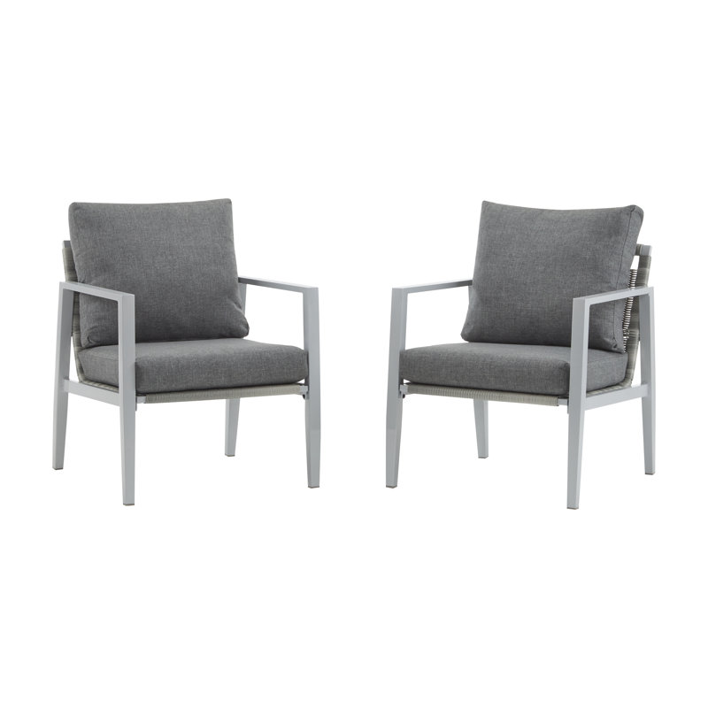 Chaises longues d'extérieur en aluminium avec accents de corde et coussins, Argent argent