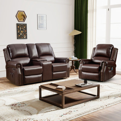 2-Piece Vintage Faux Leather Power Reclining Living Room Set With Nailhead Trim, Massage Recliner & Power Console Loveseat
