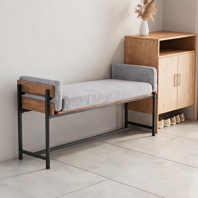Banc d'entrée de campagne polyvalent de luxe, 2 places, tissu gris classique avec cadre en bois brun et métal noir