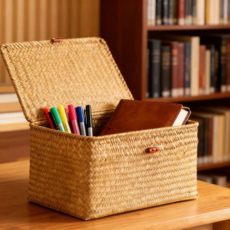 Paniers de rangement tissés en ruppie maritime avec couvercles, 4 paniers de rangement rectangulaires pour l'organisation de tablettes à la maison, décor en rotin naturel