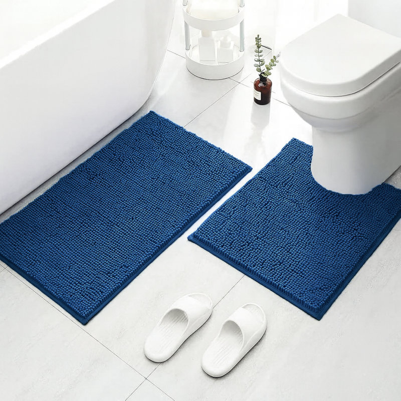 2 Piece Set Mustard Soft Cozy Plush Chenille Bath Mat Bathroom Rug, Blue