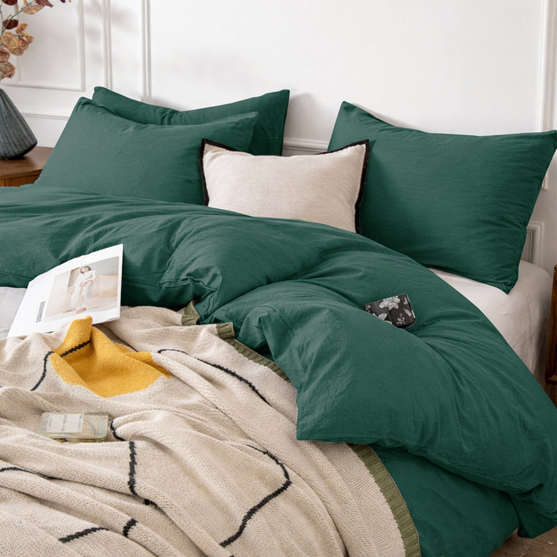 3-Piece Dyed Duvet Cover Set With Pillowcases, Emerald, King Duvet Cover + 2 Standard Pillowcases