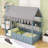 Wooden Floor Bed with Chimney Design, Enchanting Tent, Shelves and Lights-793288668-793288669