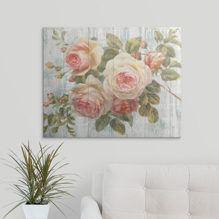 «Heldana Vintage Roses on Driftwood», reproduction d'art graphique Danhui Nai, H 24 po x l 30 po x p 1,5 po, Toile
