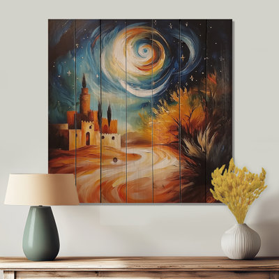 Starry Night Storm Over The Desert II - Global Landscape Wood Wall Art On Natural Pine Wood