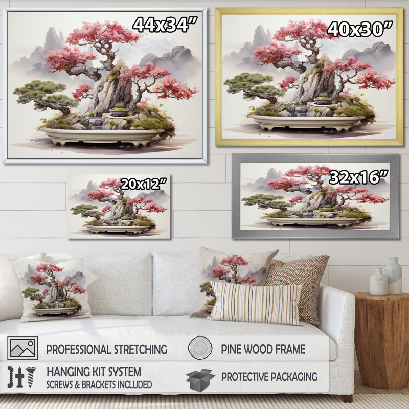 Art asiatique, bonsaï sagesse V - Art asiatique, décoration murale, H 16 po x l 32 po x P 1 po, Cadre flottant brun