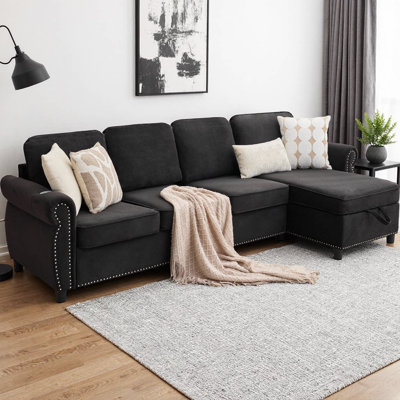 CloudHaven 106.5" L-Shaped Pull Out Sofa Bed, 4-Seater Modular Sectional Sleeper Couch with Wireless & USB Charging, Memory Foam Mattress & Storage Chaise, Flannelette Fabric for Living Room