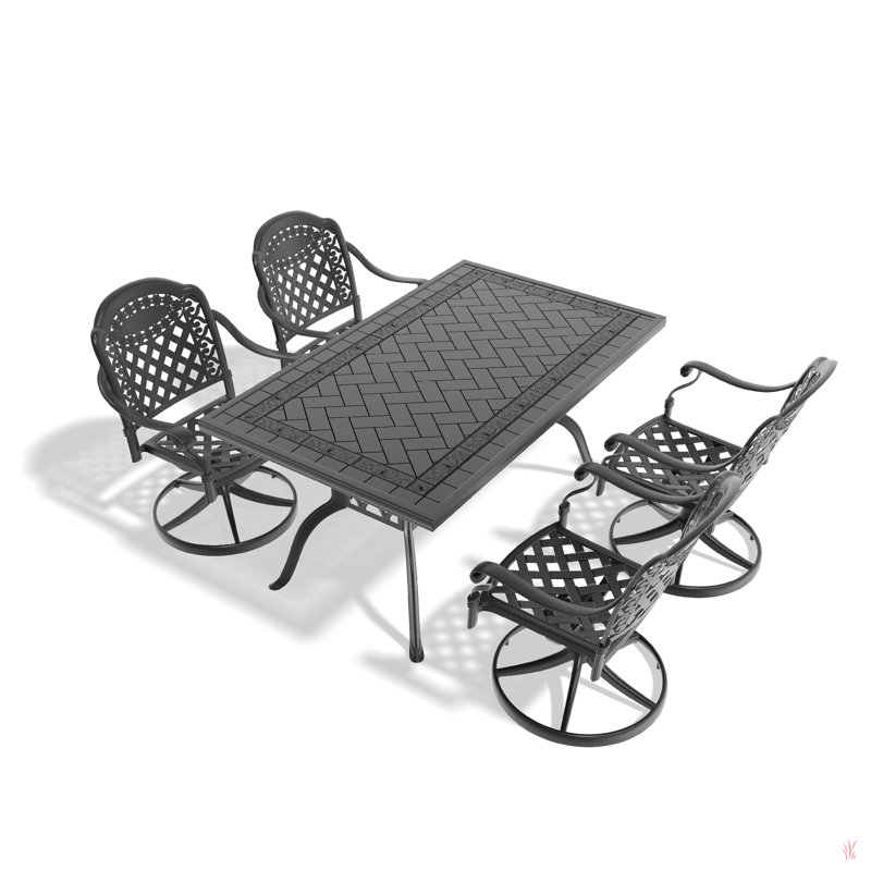 Cet ensemble de salle à manger en fonte d'aluminium toutes saisons comprend des chaises pivotantes et une table ronde avec cadre noir