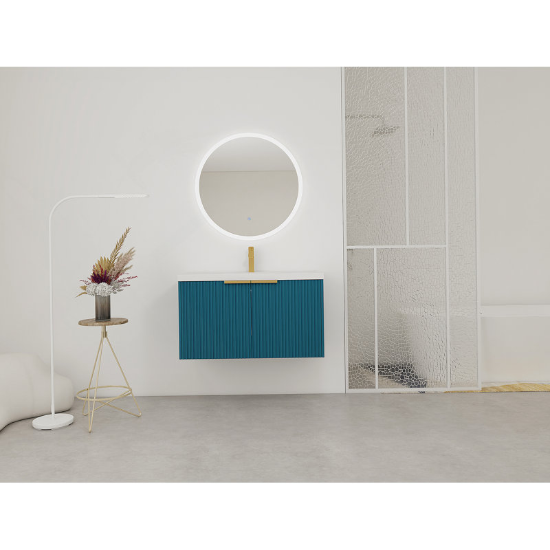 Meuble-lavabo mural avec lavabo en résine et portes à fermeture en douceur, offrant beaucoup de rangement et une conception moderne pour améliorer la salle de bain