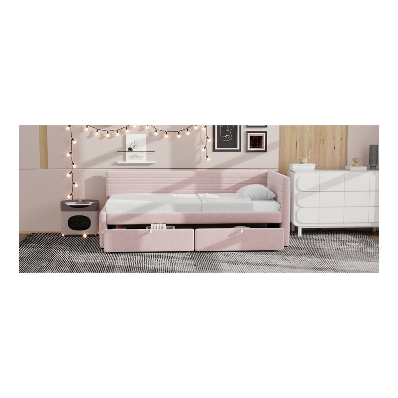 Lit de jour simple tapissier avec 2 tiroirs, Rose