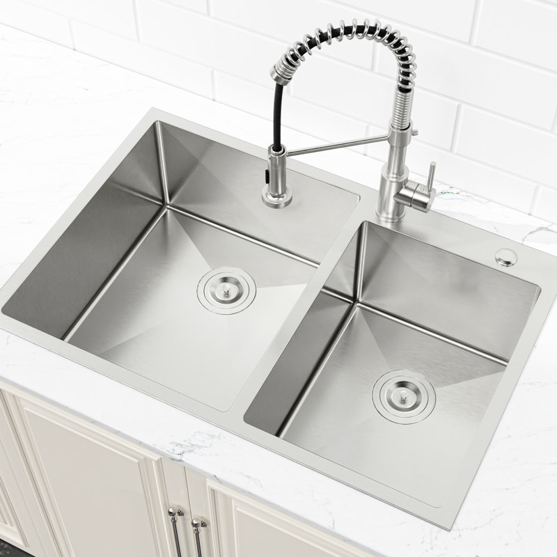 Modern Stainless Steel Double Bowl Sink 33"X19" - Overmount, With Noise-Minimizing Features Overmount Installation, Scratch Resistance