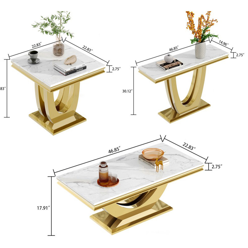 4 Pieces Coffee Table Set, White Faux Marble Coffee Table with 2 Square End Side Tables & 1 Console Table, Modern Living Room Table Set with Double U-Shape Stainless Steel Frame for Apartment Home Office