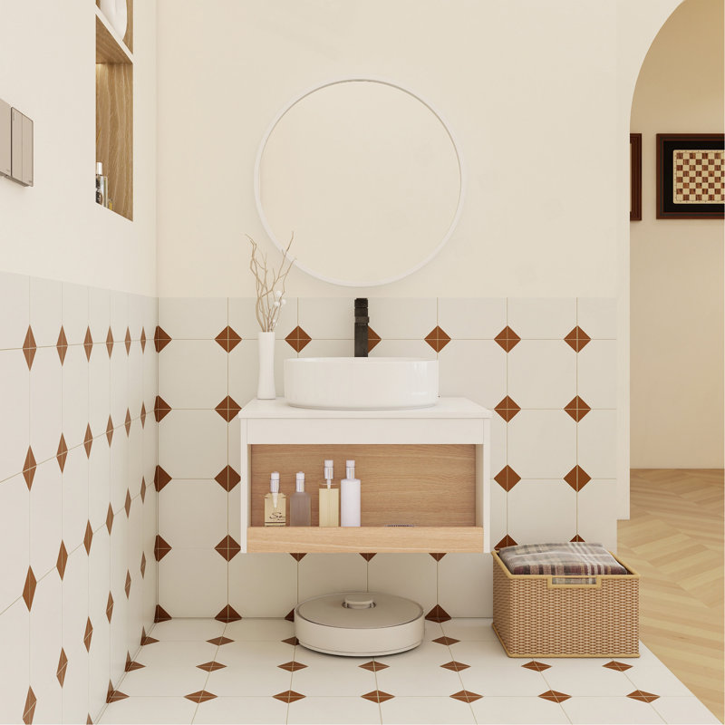 Meuble-lavabo flottant 24 po avec lavabo vasque rond blanc brillant, meuble-lavabo mural avec tablette ouverte, finition blanche avec comptoir durable, conception moderne peu encombrante (livré dans 2 boîtes)