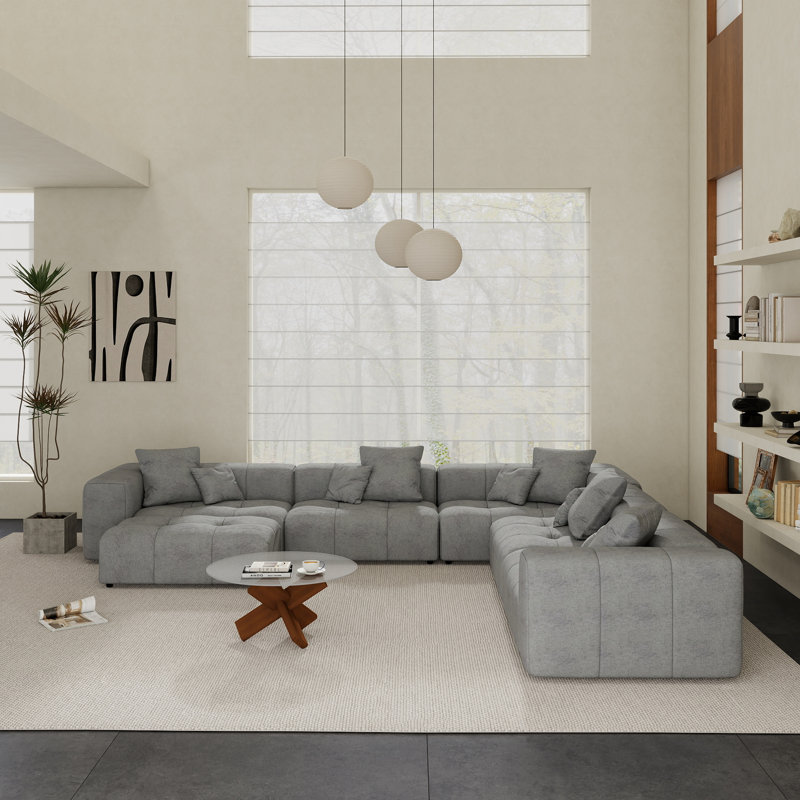 Kay Crumley 7-Piece Upholstered Modern Linen Fabric Sectional Sofa With Ottoman, Gray, 24.8" H x 144.17" W x 132.30" D