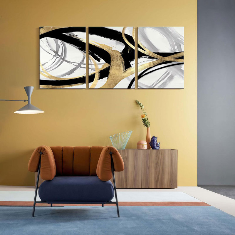 3Pcs Framed Abstract Wall Art Gold Lines Picture Canvas Prints Modern Line Prints Living Room Bedroom Office Poster Gallery Home Decor Ready To Hang
