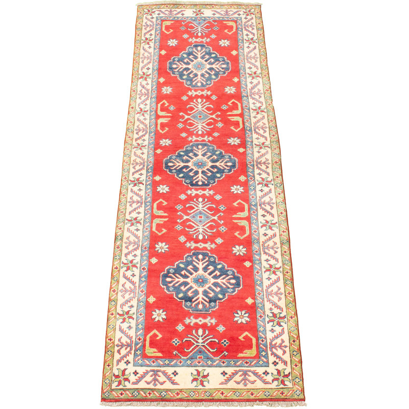 Tapis de couloir unique en laine noué à la main gazni rouge et doré des années 2010 de 2 pi 9 po x 9 pi 2 po Qaiden